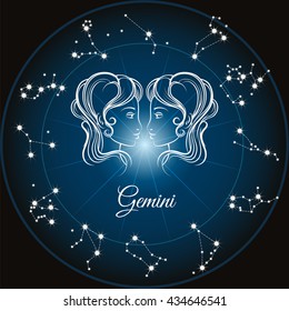 Zodiac sign gemini and circle constellations. Vector illustration