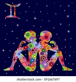 Zodiac sign Gemini with colorful flowers fill on a background of the dark blue starry sky, vector illustration