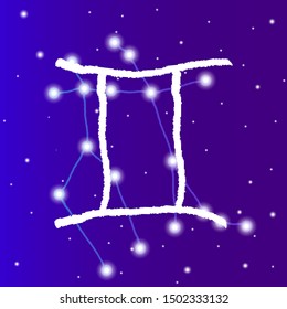 Zodiac sign gemini constellation and symbol. Zodiac constellation. Cosmic background.