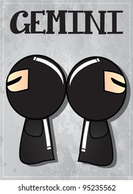 Zodiac sign Gemini with cute black ninja character, vector
