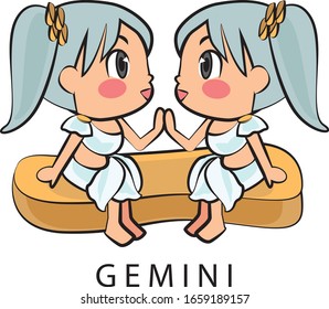 Zodiac sign of Gemini cute girl illustration vector, May 21 - June 20. Future telling, horoscope, alchemy, spirituality, occultism, fashion.