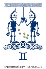 Zodiac sign Gemini. Cute twin robots are thinking about getting a heart for themselves. The image of the Twins looks like the outline of a constellation symbol. Vector illustration.