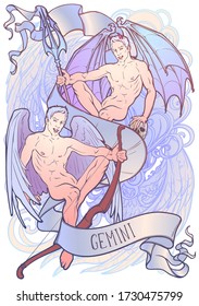 Zodiac sign of Gemini, element of Air. Intricate linear drawing isolated on white background. Soft pastel celestial palette. A4 vertical format. EPS10 vector illustration.