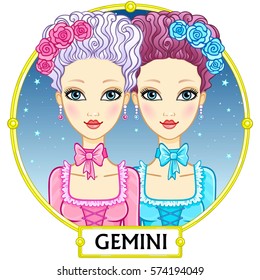 Zodiac sign Gemini. Fantastic princess, animation portrait. Background - a frame, the night star sky. Vector illustration isolated on white.