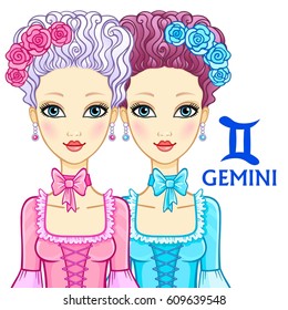 Zodiac sign Gemini. Fantastic princess, animation portrait. Vector illustration isolated on a white background.