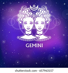 Zodiac sign Gemini.  Fantastic princess, animation portrait. White drawing, background - the night stellar sky. Vector illustration.