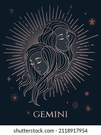 zodiac sign gemini, female portrait, black and gold, with stars