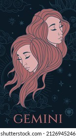 zodiac sign gemini, female portrait,  blue and red, with space (moon, sun and stars)