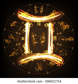 Zodiac sign Gemini in fire-show style on horoscope circle background. Circle with signs of zodiac and constellations.Vector illustration