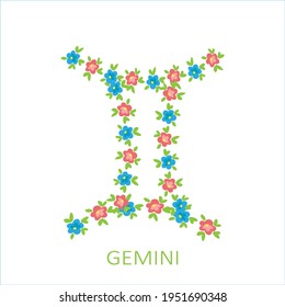 Zodiac sign Gemini with flowers isolated on white background.  Zodiac constellation. Vector illustration for horoscope and astrological forecast.