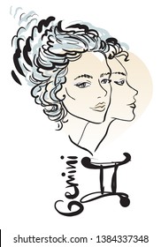 Zodiac sign Gemini in the form of two beautiful twin girls whose hair is similar to the wings behind them