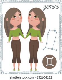 Zodiac sign Gemini. Funny cartoon character. Vector illustration