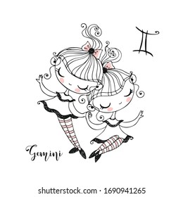 Zodiac sign Gemini. Funny children's horoscope in Doodle style. Vector.