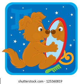 Zodiac sign of Gemini as a funny pup looking at his reflection in a mirror