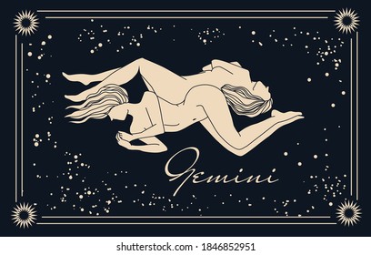 Zodiac sign Gemini. Girls on the background of the starry sky. Astrological, mystical illustration, on a dark background with silhouettes of women, in gold color.