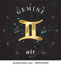 Zodiac Sign Gemini Golden Logo and Air Lettering with Gemini Constellation Stars and Dates in Zodiac Circle - Gold and White Elements on Black Rough Paper Background - Vector Mixed Graphic Design