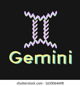 Zodiac sign Gemini, hand drawn vector with yellow, purple and blue mini hearts isolated on the black background