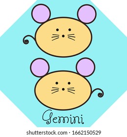 Zodiac sign Gemini, hand drawn cute cartoon vector with twin brown rats/ seals/ otters/ sea lions with isolated on the light blue background