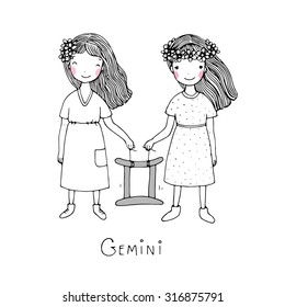  Zodiac sign. Gemini. Hand drawn vector illustration on a white background. Coloring book.