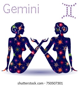 Zodiac sign Gemini, hand drawn vector stencil with stylized stars isolated on the white background 
