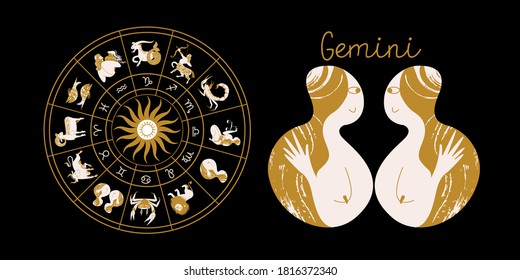 Zodiac sign Gemini. Horoscope and astrology. Full horoscope in the circle. Horoscope wheel zodiac with twelve signs vector. 