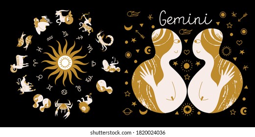 Zodiac sign Gemini. Horoscope and astrology. Full horoscope in the circle. Horoscope wheel zodiac with twelve signs vector. 