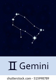 Zodiac sign Gemini. Horoscope constellation star. Abstract space night sky background with stars and bokeh at the back. Vector illustration. Good for mobile applications, astrology, science template.