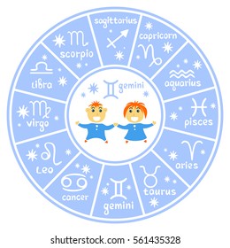 Zodiac sign Gemini with horoscope symbols wheel isolated on white background. Design elements for flyers or greeting cards and etc.