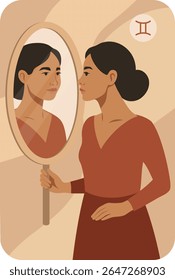 Zodiac sign Gemini. Horoscopes. Astrology. Vector illustration of an Asian woman looking at her reflection in the mirror. Symbol of duality, intelligence, self-knowledge