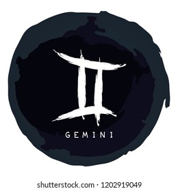 Zodiac sign Gemini with ink grunge frame isolated on white background. Zodiac constellation. Design element for horoscope and astrological forecast.