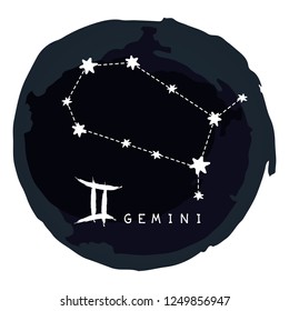Zodiac sign Gemini with ink grunge frame isolated on white background. Zodiac constellation. Design element for horoscope and astrological forecast.