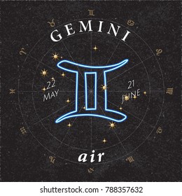 Zodiac Sign Gemini Inverted Logo and Air Lettering with Gemini Constellation Stars and Dates in Zodiac Circle - Gold and White Elements on Black Rough Paper Background - Vector Mixed Graphic Design