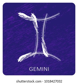 Zodiac sign Gemini isolated on grunge ultra violet background. Design element for posters, stickers or greeting cards.