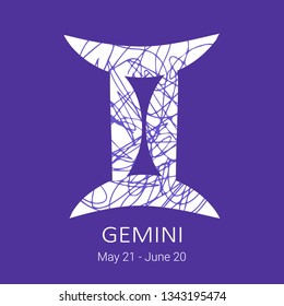 Zodiac sign Gemini isolated on blue background. Zodiac constellation. Floral pattern. Design element for horoscope and astrological forecast.