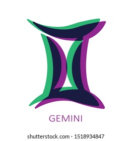 Zodiac sign Gemini isolated on white background. Glitch stereo effect. Zodiac constellation. Vector illustration for horoscope and astrological forecast.