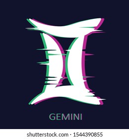 Zodiac sign Gemini isolated on dark background. Glitch stereo effect. Zodiac constellation. Vector illustration for horoscope and astrological forecast.