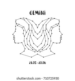 Zodiac sign Gemini isolated on white background. Design element for flyers or greeting cards, emblem, logo. Vector astrological symbol.