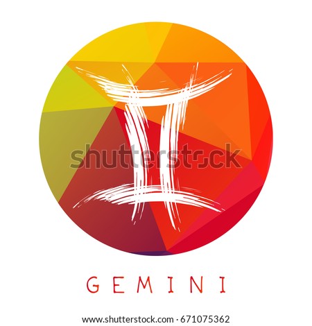 Zodiac sign Gemini isolated on bright polygonal background. Design element for badges and stickers.