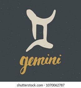 Zodiac sign Gemini and lettering. Hand drawn horoscope astrology symbol, grunge textured design, typography print, vector illustration .