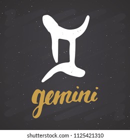 Zodiac sign Gemini and lettering. Hand drawn horoscope astrology symbol, grunge textured design, typography print, vector illustration on chalkboard background.