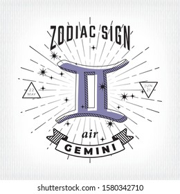 Zodiac Sign Gemini Logo and Air Lettering with Gemini Constellation Stars and Dates over Rays Circle - Black on White Striped Background - Vector Vintage Graphic Design