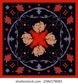 Zodiac Sign Gemini Neck Scarf. Vector Astrology Design for Neckerchief, Carpet, Kerchief, Bandana, Shawl, or Tablecloth