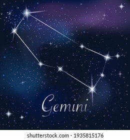 Zodiac sign Gemini on against the background of the starry sky. Constellation Gemini on starry night background. Astrological zodiac against the background of space.