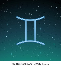 Zodiac sign Gemini on the background of the starry sky. Glowing vector symbol. The concept of horoscope, destiny, constellations, astrology, esoteric. Vector illustration