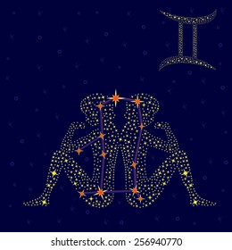 Zodiac sign Gemini on a background of the starry sky with the scheme of stars in the constellation, vector illustration