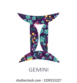 Zodiac sign Gemini on white background. Zodiac constellation. Floral pattern. Design element for horoscope and astrological forecast.