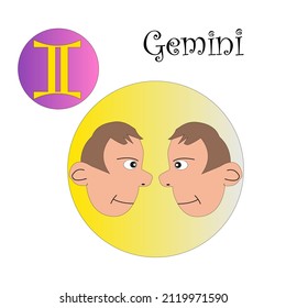 Zodiac sign gemini on a yellow background and the symbol of the sign on a purple background