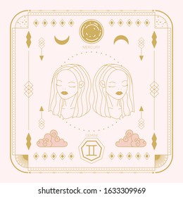 Zodiac sign - Gemini and its planet ruler Mercury. Thin linear vector design.