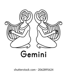 Zodiac sign Gemini playing the harp. Line style. Icon on white background. Vector
