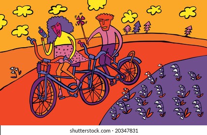 Zodiac sign Gemini, presented by twins (girl and boy) riding their bicycle on a sunny spring day.